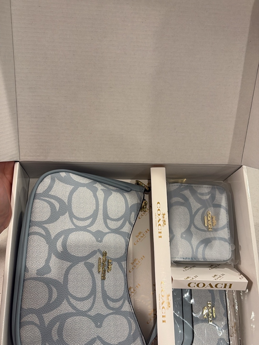 Coach Light Blue Signature Wristlet with Matching Card Case Set
